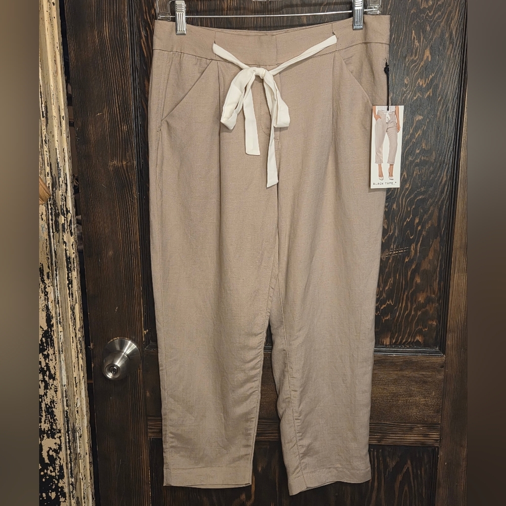 NWT 'Black Tape' Tan Cropped Pants with White Tie Sz S M L XL